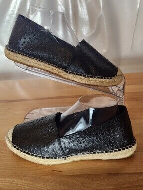 Fabiolas Womens Black Ostrich Leather Espadrille Flats Slip On Size US 9.5 EU 41
